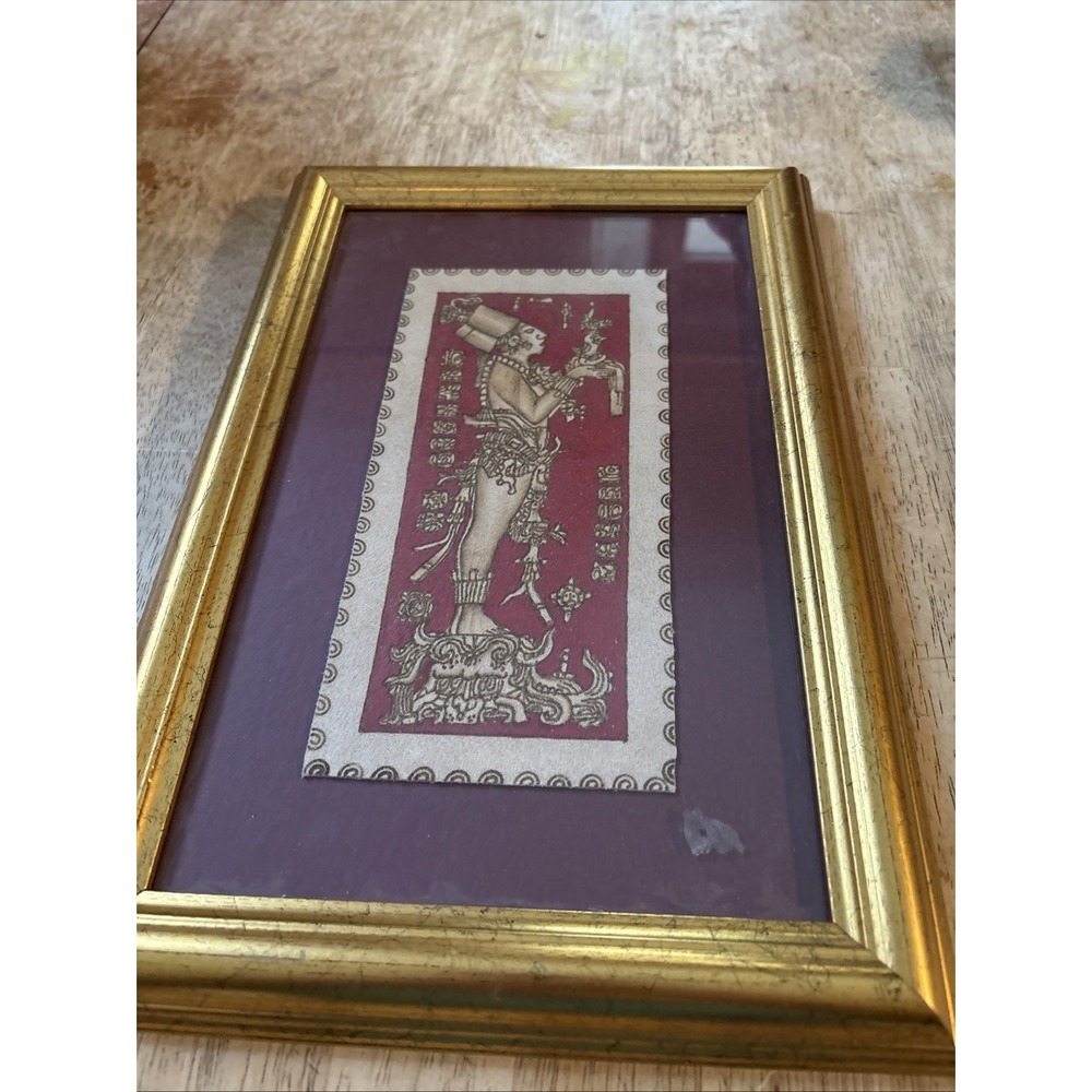 Mexico Mayan Art Painting on Leather Pyrography Chan-Bahlum Ascension Ritual